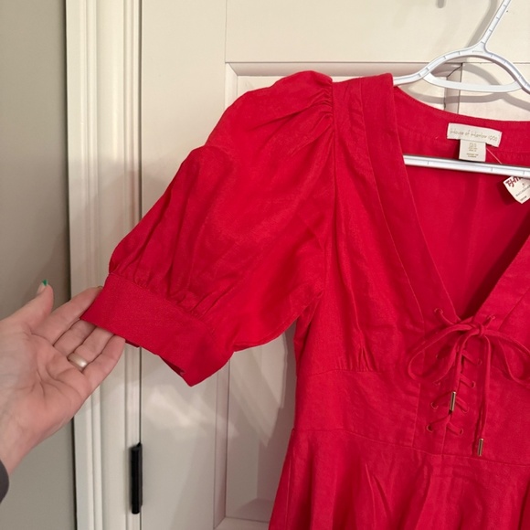 House of Harlow 1960 Fit Flare Puff Sleeve Linen Dress Fuchsia 45201 - Picture 5 of 12